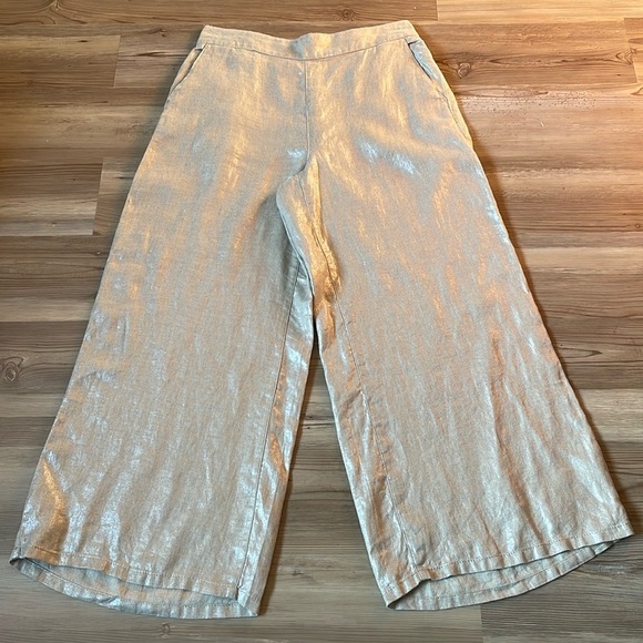 Rachel Zoe Wide leg linen pants Tan Metallic Pull on Pockets Size L Shimmer - Picture 2 of 12